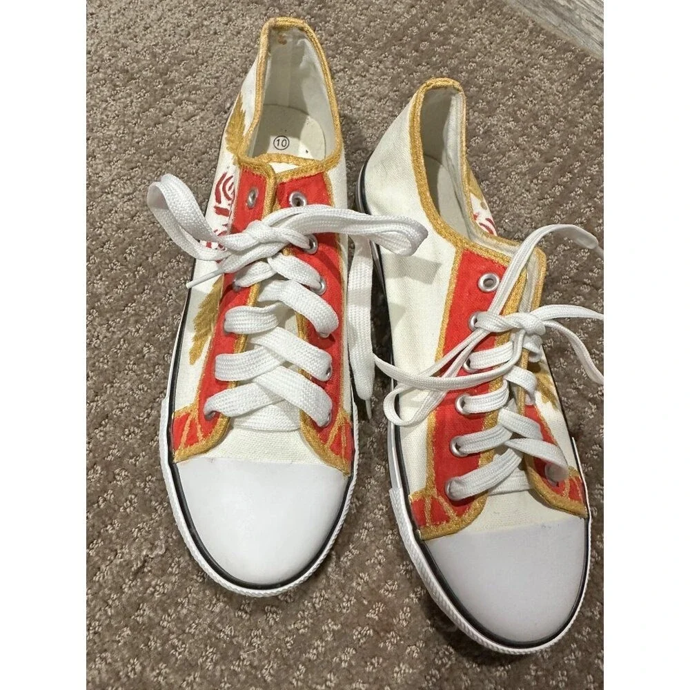 Hand-Painted‎ Canvas Sneakers With Floral Design Gold & Red Accents Lace-Up